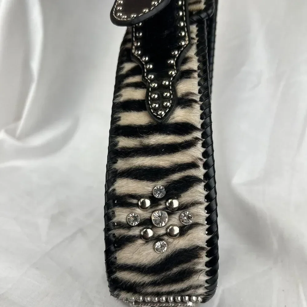 Nocona Wide Zebra Print Western Belt Black With Silver Studs
